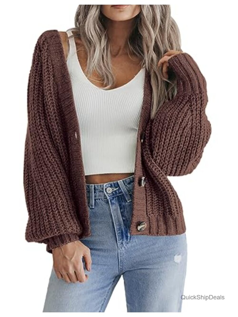 Chunky Knit Cardigan Long Sleeve V-Neck Button Down Sweater